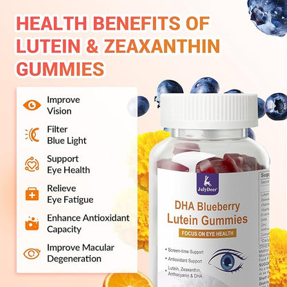 JulyDeer 2 Packs Lutein and Zeaxanthin Gummies Supplements Support Eye Health, 9 in 1 with 8mg Lutein & 1.6mg Zeaxanthin, Eye Support | Non-GMO, Vegan | Sweet Orange Flavor | 120 Gummies
