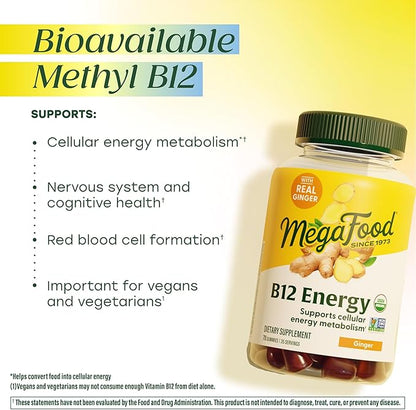 MegaFood Vitamin B12 Energy Gummies - Vegan - With Methyl B12 Vitamins to Support Cellular Energy Production - Ginger - Daily Vitamin B12 Supplement - USDA Organic - 70 Gummies, 35 Servings