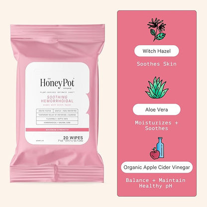 The Honey Pot Company - Soothing Witch Hazel Feminine & Hemorrhoid Wipes - Postpartum Essentials - Pregnancy Must Haves - Ph Balanced - Flushable Hemorrhoid Treatment - Fill Post Partum Kit - 20ct