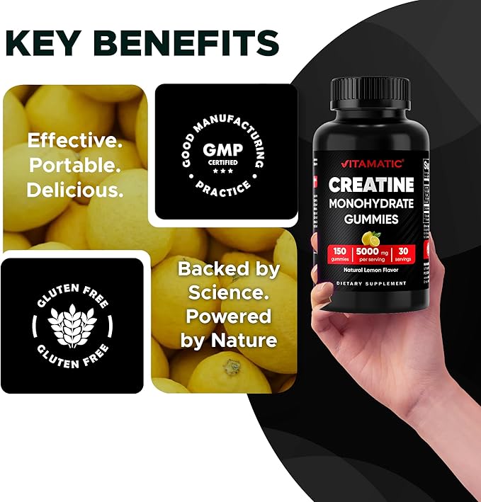 Vitamatic Creatine Gummies 5000mg per Serving Natural Lemon Flavor – 150 Gummies – Creatine Monohydrate for Muscle Strength, Energy & Recovery – Non-GMO, Gluten-Free