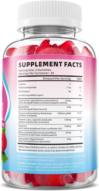 Lutein and Zeaxanthin Supplements, Lutein Gummies with Zeaxanthin,Vitamins A, C, E, Bilberry, Astaxanthin for Vision Health & Eye Strain, Sugar-Free/Vegan, Raspberry Flavor 120 Count