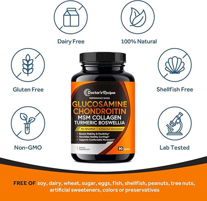 Doctor's Recipes Glucosamine Chondroitin MSM Turmeric Quercetin, with Black Pepper for High Absorption, No Shellfish, 90 Tablets
