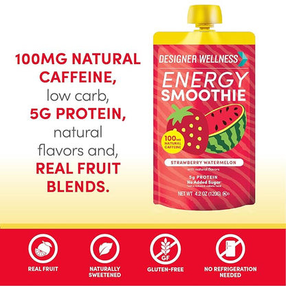 Designer Wellness Energy Smoothie, Real Fruit, 100mg Natural Caffeine, 5g Protein, Low Carb, Zero Added Sugar, Gluten-Free, Strawberry Watermelon, 12 Count