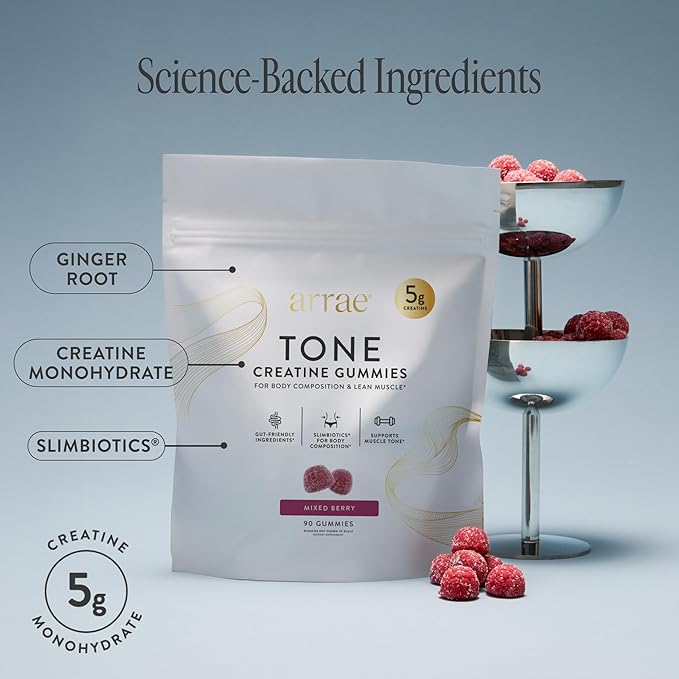 Arrae Tone Gummies – Creatine Monohydrate 5g for Women – Support Lean Muscle, Strength & Recovery – Hormone-Friendly Muscle Toning Supplement – Mixed Berry Flavor – 90 Count