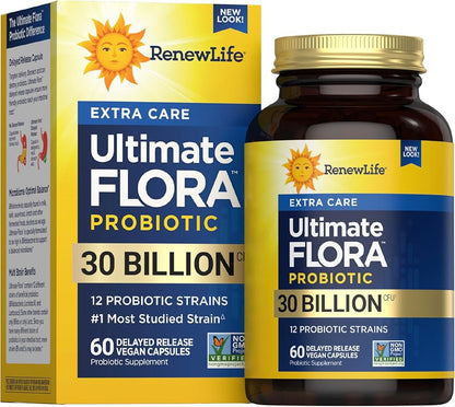 Renew Life Adult Probiotics 30 Billion CFU Guaranteed, 12 Strains, For Men & Women, Shelf Stable, Gluten Dairy & Soy Free, Ultimate Flora Extra Care, 60 Count, Pack of 1