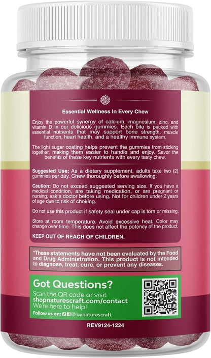 Calcium Magnesium Zinc Gummies - Magnesium Zinc Calcium Supplement Gummies with Vitamin D3 for Teeth and Bone Health - Certified Kosher Non-GMO Gelatin Free & Vegetarian Friendly 60 Count