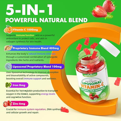 softbear Liposomal Vitamin C Gummies for Adults & Kids 1000mg, Chewable Vitamin C Supplement for Immune Support, Vegan/Organic/Sugar Free VIT C Gummies, Strawberry Flavor 120 Count