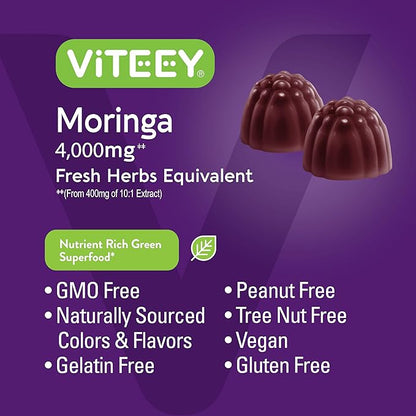 Viteey Moringa Gummies - 4,000mg [from 400mg of 10:1 Extract] of Moringa Supplement Super Greens Gummies - Antioxidant Wellness and Digestive Support - Vegan, Gluten Free - 60 Count