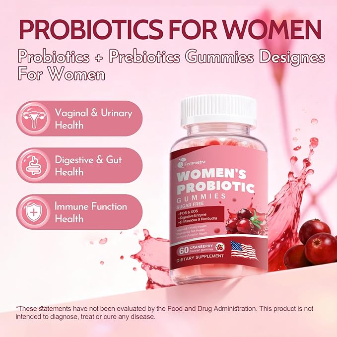 Probiotics for Women 50+, 200 Billion CFU Vaginal Probiotics Gummies with D-Mannose & Cranberry, Sugar-Free Cranberry Flavor for pH Balance, Urinary & Gut Health, 60 Count