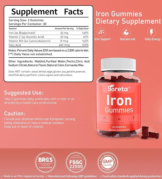 Iron Gummies for Women & Men, Gentle Iron Bisglycinate 25mg with Vitamin C, B12 & Folic Acid, Pectin-Based, Cherry Flavor, 60 Count (30 Servings)