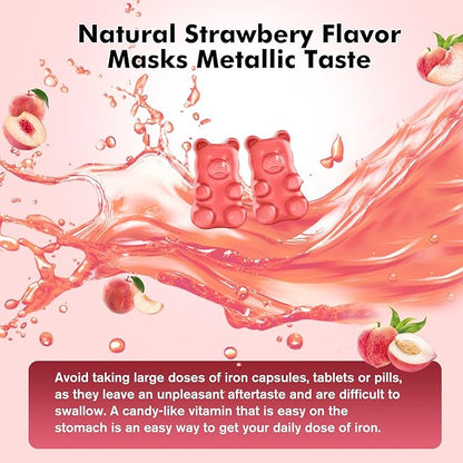Iron Supplement for Women & Men Gummies, Multivitamin Blood Builder Iron Supplement with Folate Vitamin C B12 B6 Zinc for Adults & Kids - Energy Support - Peach Flavor, Vegan 60 Gummies