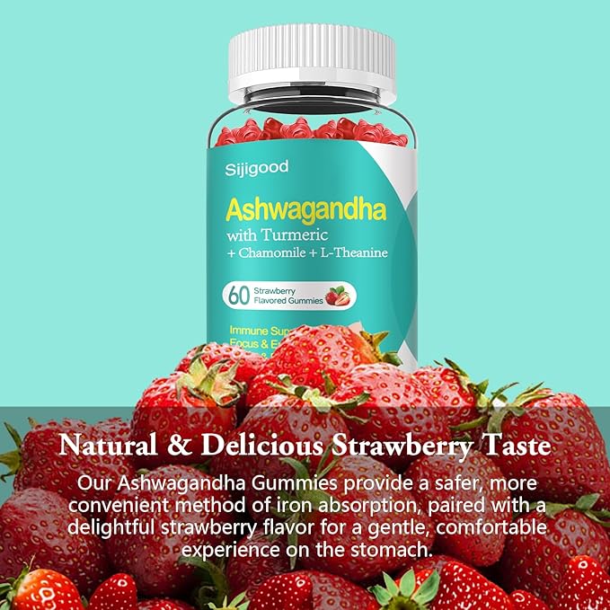 Ashwagandha Gummies with L-theanine, Ashwa Root Supplement Gummy for Women Men, 60 Strawberry Flavored Gummies