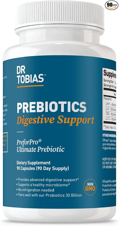 Dr. Tobias Prebiotics Digestive Support, Advanced Prebiotic Supplement for Gut Health, Immune Function & Boost for Probiotics for Women & Men, Vegan, Non-GMO, 90 Capsules, 90 Servings