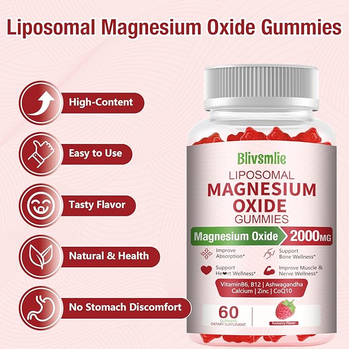 Liposomal Magnesium Oxide Gummies 2000mg Complex Ashwagandha,CoQ10, L-Theanine, L-5-MTHF, Methyl B12, Zinc for Sleep & Energy,Stress Relief,Heart Health,Neuro Support