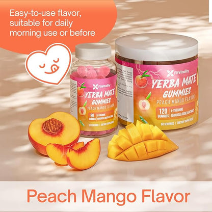 60 Yerba Mate Gummies - Formulated with L-Theanine, Rhodiola Rosea, Ginseng, Choline, B12 – Peach Mango Flavor – Vegan, Gluten-Free, Non-GMO