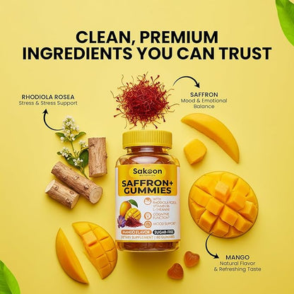 Saffron Gummies for Mood Boost & Stress Relief | Saffron Extract with 150mg Rhodiola Rosea & L-Theanine | Sugar Free Mango Flavor | Focus & Energy Supplement for Women & Men | 60 Count
