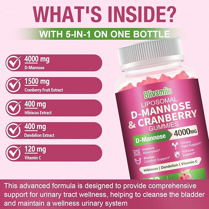 Liposomal D-Mannose Gummies 4000mg Complex Cranberry 1500mg & Hibiscus,High-Potency Formula for Women Urinary Tract & Immune Support,Liver, Bladder Flush Cleanse Wellness Supplement