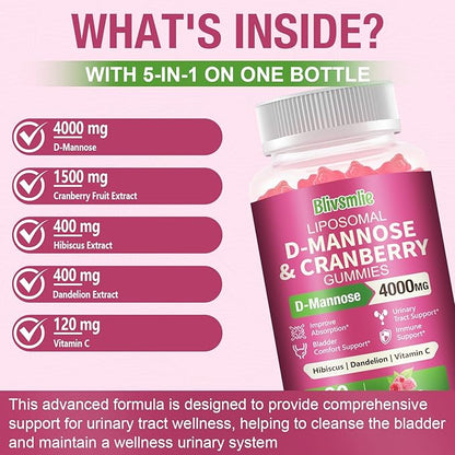 2 Pack Liposomal D-Mannose Gummies 4000mg Complex Cranberry 1500mg & Hibiscus,High-Potency Formula for Women Urinary Tract & Immune Support,Liver, Bladder Flush Cleanse Wellness Supplement