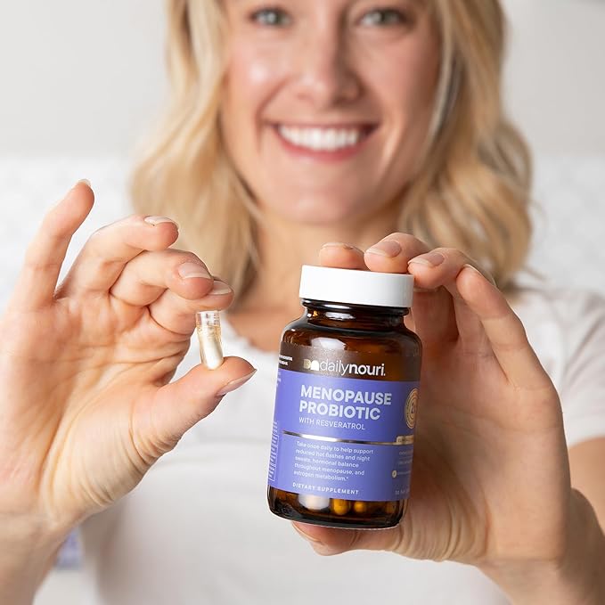 Daily Nouri Menopause Probiotics for Women | Hormonal Balance, Hot Flashes, Night Sweats & Gut Health | 3 Clinically Studied Strains + Resveratrol & Omega | 30-Day Supply