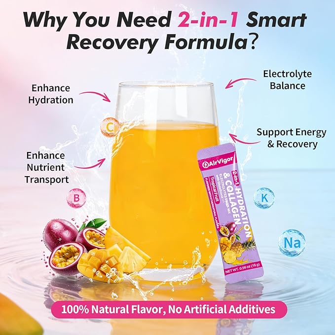 Electrolyte Collagen Powder Packets, 10g Collagen Protein Drink Mix for Hydration Recovery, Zero Sugar 2-in-1 Post Workout Rehydration, Joint Skin Muscle Support, 5 Vitamins, Tropical Fruit