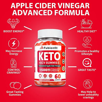 Fubienfit Keto ACV Gummies - 1500mg Apple Cider Vinegar Gummies with Mother, Vitamin B12, B6 & Folate - Support Metabolism, Energy & Detox - Vegan, Non-GMO - 60 Count (Vinagre de Manzana)