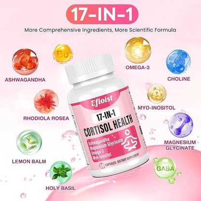 Cortisol Supplement for Women, 17-in-1 Hormone Harmony for Women, Cortisol Reducer with Ashwagandha, Rhodiola Rosea, Magnesium Glycinate, Omega-3, for Mood, Focus, Sleep Support, 60 Capsules