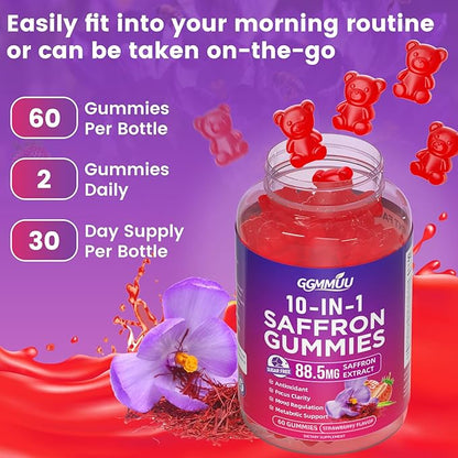 2 Pack Saffron Supplement Gummies, 10-in-1 Cortisol Supplement with Saffron 88.5mg, Magnesium, Rhodiola Rosea, Ashwagandha, L-Theanine, St. John's Wort, for Calm, Focus, Relaxation, 120 Count