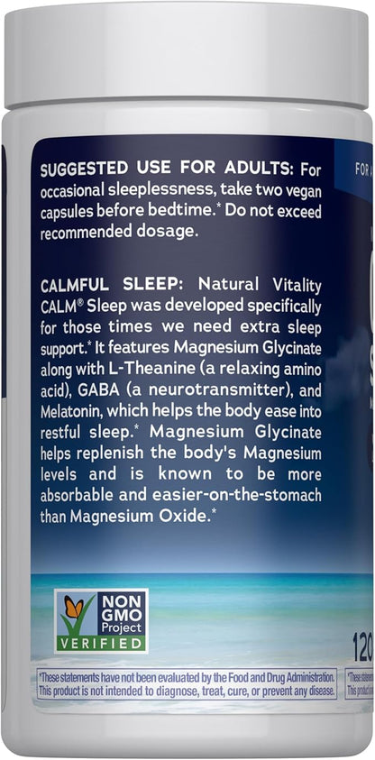 Natural Vitality Calm Sleep Capsules | Magnesium with Melatonin, L-Theanine & GABA Supplement | for a Good Night's Sleep | Non-GMO, Gluten Free & Vegan | 120 Count