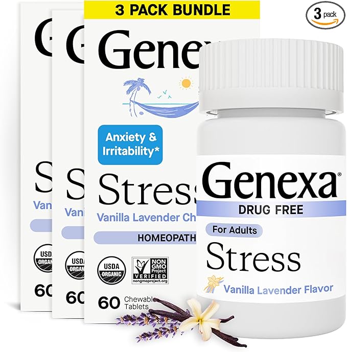 Genexa Stress for Adults | Anxiety Relief & Fatigue Remedy | Soothing Natural Vanilla & Lavender Flavor | Gluten Free & Non-GMO | Homeopathic Remedy Made Clean | 180 Chewable Tablets (3 Pack)