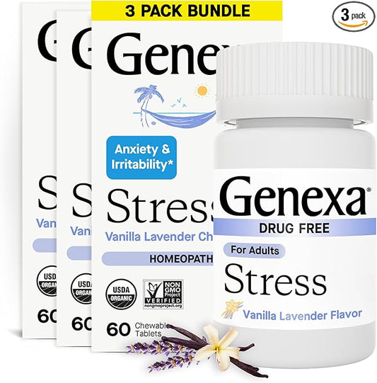 Genexa Stress for Adults | Anxiety Relief & Fatigue Remedy | Soothing Natural Vanilla & Lavender Flavor | Gluten Free & Non-GMO | Homeopathic Remedy Made Clean | 180 Chewable Tablets (3 Pack)