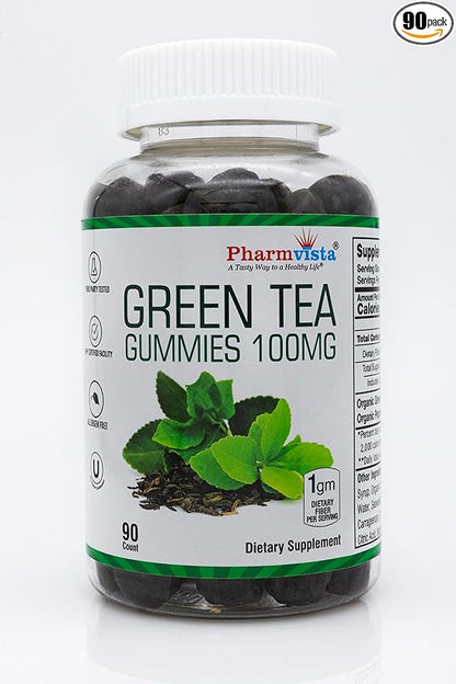Pharmvista Green Tea & Peppermint Gummies 100mg - Gluten Free, Non-GMO, Antioxidant/Mineral Rich Supplement - 90 Count