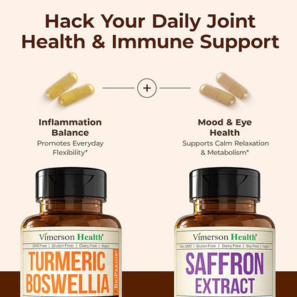 Boswellia Turmeric Curcumin Supplement + Pure Saffron Supplements for Women & Men Bundle – Supports Joint Health, Mood & Calm, Eye Health – with Ginger Root, Organic Turmeric Powder, Saffron Extract