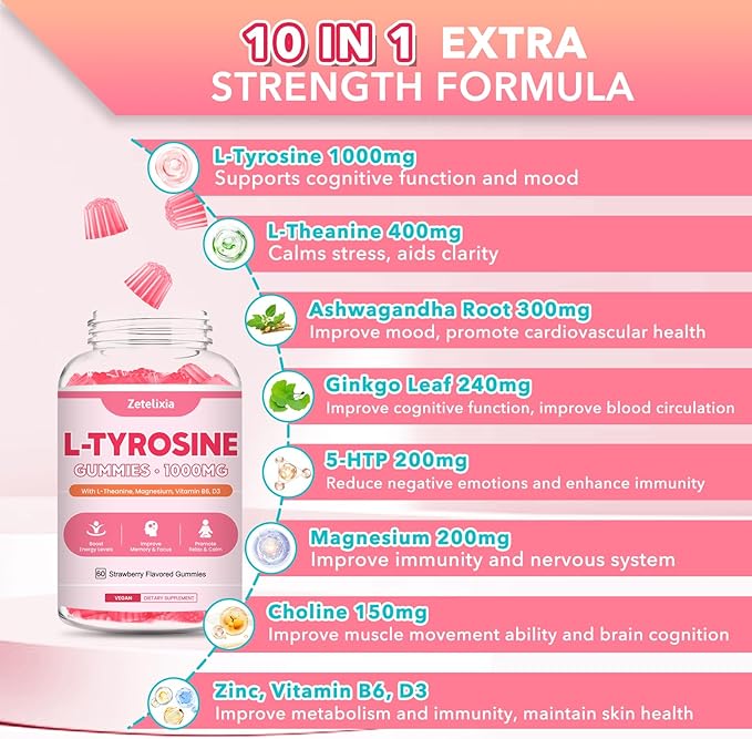 L Tyrosine Gummies, 2 Pack 10-in-1 L-Tyrosine Supplement, Tyrosine Gummies with L-Theanine B6 D3, Support Cognitive, Memory, Energy, Mood for Adult & Kids, Strawberry Flavor, 120 Ct
