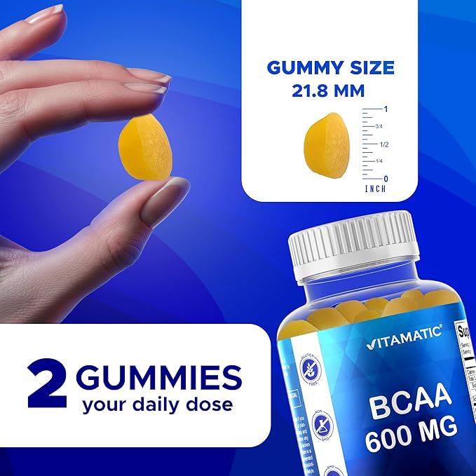 Vitamatic BCAA Gummies - Branch Chain Amino Acid Supplements - Peach Flavor - 600mg per Serving - 60 Vegan Pectin Based Gummies (3 Bottles)