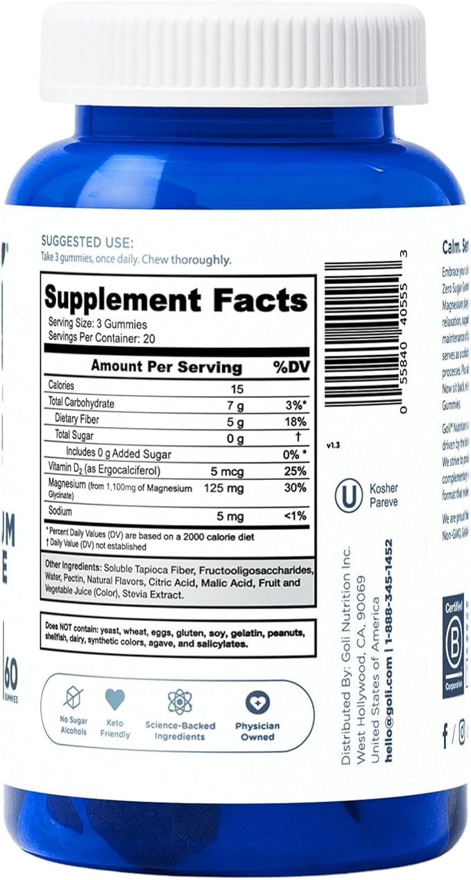 Goli Zero Sugar Magnesium Gummies - 125mg Magnesium Citrate with Vitamin D - No Artificial Sweeteners, No Sugar Alcohols - Vegan, Keto-Friendly, Gluten-Free