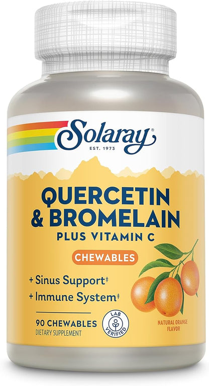 SOLARAY Quercetin with Bromelain and Vitamin C Chewables - Immune Support Supplement - Immune Defense and Heart Health Complex with 1250mg Vit C, Natural Orange Flavor, 60-Day Guarantee, 30 Serv, 90ct
