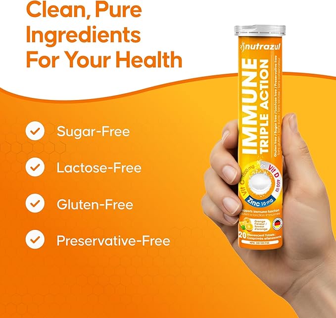 nutrazul Immune Triple Action Effervescent Tablets with Vitamin C 1000mg, Vitamin D, Zinc, Support Daily Routine, Gluten-Free, Sugar-Free, Lactose-Free, Orange Flavor, 20 Tablets, (Pack of 3)