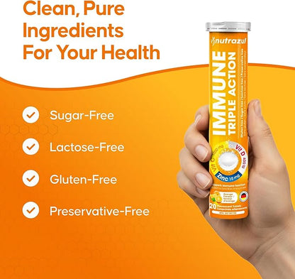 nutrazul Immune Triple Action Effervescent Tablets with Vitamin C 1000mg, Vitamin D, Zinc, Support Daily Routine, Gluten-Free, Sugar-Free, Lactose-Free, Orange Flavor, 20 Tablets, (Pack of 3)