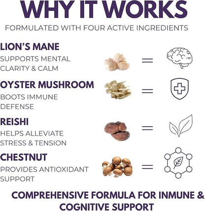 Super Stacker - 4-in-1 Mushroom Supplement Wellness Blend - Lion’s Mane, Oyster, Chestnut & Reishi - Immune, Focus & Daily Vitality - 60 Vegan Capsules