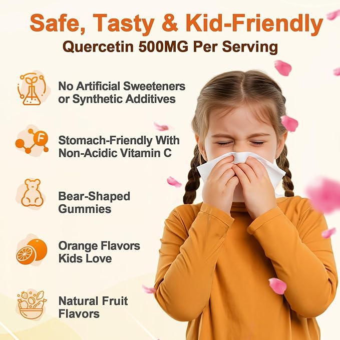 Quercetin 500mg Gummies for Kids, with Bromelain, Vitamin C & D3, Stinging Nettle & Licorice, Seasonal Balance & Body Defenses, Vegan, 60 Gummies