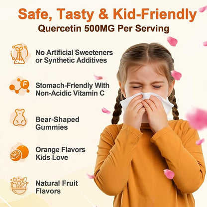 Quercetin 500mg Gummies for Kids – with Bromelain, Vitamin C & D3, Stinging Nettle & Licorice, Seasonal Balance & Body Defenses, Vegan, 120 Gummies