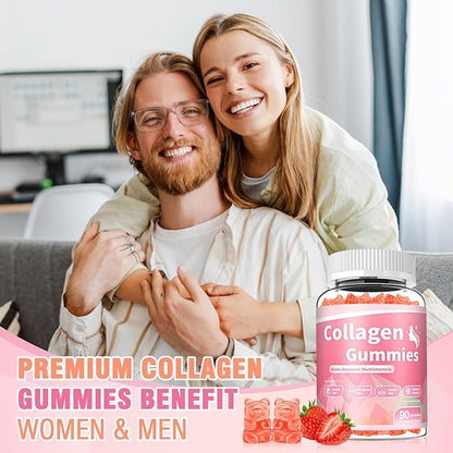 180 Count Collagen Gummies Collagen Protein Type I II III V X with Biotin Vitamin C A B D E Keratin Hyaluronic Acid for Hair Skin Nails Joint Immune Digestion Women Men Sugar Free Strawberry