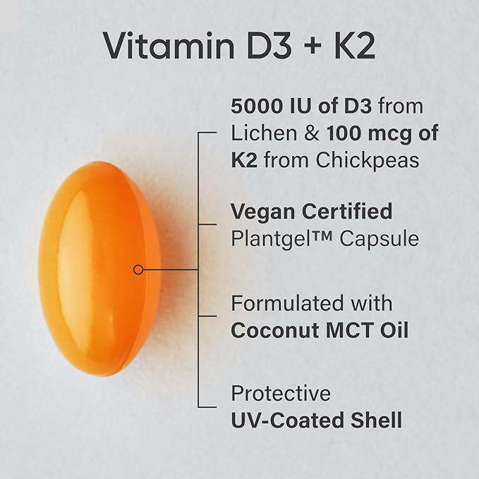 Sports Research® Vitamin D3 + K2 w/Coconut Oil - Vegan Vitamin D 5000iu (125mcg) & Mk7 Vitamin K 100mcg for Bone & Immune Support - Vegan Certified · Non-GMO · Soy Free - 30 Softgels