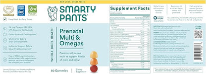 SmartyPants Prenatal Vitamins for Women, Multivitamin Gummies: Omega 3 Fish Oil (EPA/DHA), Biotin, Methylfolate, Vitamin D3, C, Vitamin B12,B6 A,K &Zinc, Inositol,(20 Day Supply),80 Count (Pack of 2)