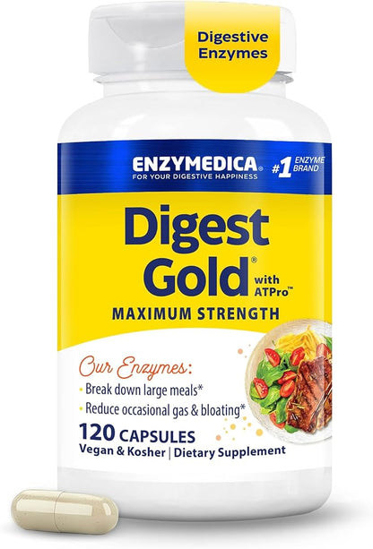 Enzymedica Digest Gold + ATPro, Maximum Strength Enzyme Formula, Fast-Acting, Helps Digest Large Meals, Prevents Bloating and Gas, 120 Capsules