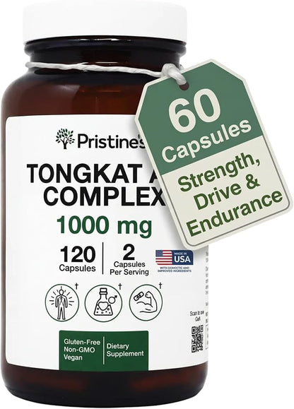 PRISTINE'S Tongkat Ali Capsules - 1000MG 60 Day Supply - Athletic Performance Support - Lean Mass Muscle Building Herbal Supplement for Men & Women - Vegan, Gluten Free, Non GMO