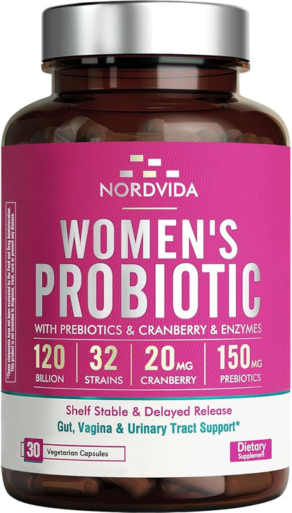 Women's Probiotic, 120 Billion & 32 Strains with Cranberry, Prebiotics & Digestive Enzymes, Gut, Vaginal & Urinary Tract Support, 30 Delayed Release Capsules