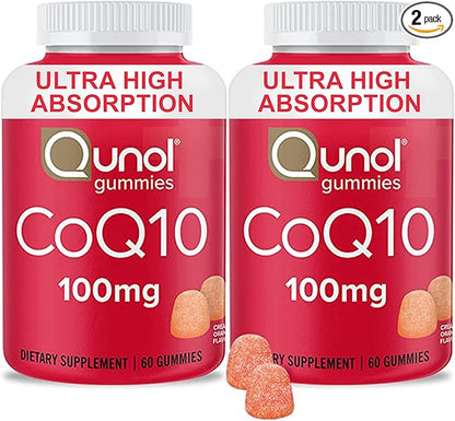 Qunol CoQ10 Gummies, CoQ10 100mg, Delicious Gummy Supplements, Helps Support Heart Health, Vegan, Gluten Free, Ultra High Absorption, 2 Month Supply (60 Count, Pack of 2)