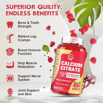 (3 Pack) Sugar Free Calcium Citrate Gummies 1200 mg with Vitamin d3, K2, Magnesium, Zinc for Bone, Muscle & Immune Support, High Absorption Calcium Supplement for Women, Raspberry Flavor, 60 Chews