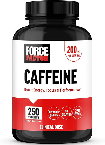Force Factor Caffeine Pills 200mg, Caffeine Tablets to Boost Energy, Focus, Strength, and Performance, Premium Quality Pills, Energy Support Supplement, 250 Tablets